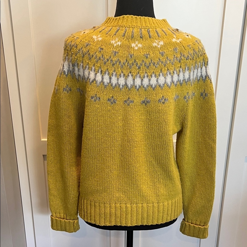 J.Crew Jewel Embellished Fair Isle Sweater Yellow Gold Size Medium - Picture 6 of 8
